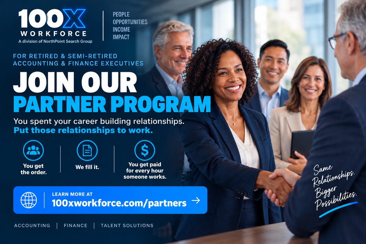 Join the 100X Workforce Partner Program — for retired and semi-retired accounting and finance executives. You get the order, we fill it, you get paid for every hour someone works.