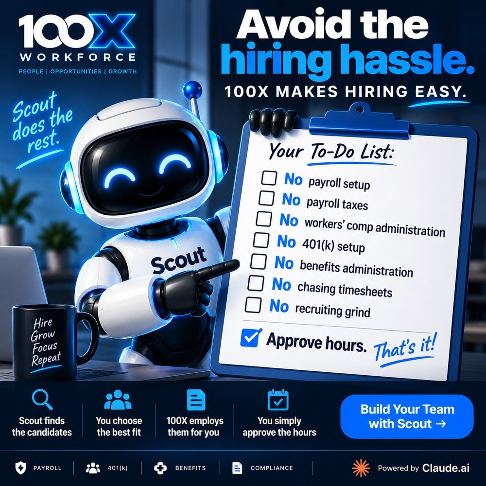 Avoid the hiring hassle. No payroll setup, no payroll taxes, no workers comp, no 401(k) setup, no benefits admin, no chasing timesheets. You just approve the hours.